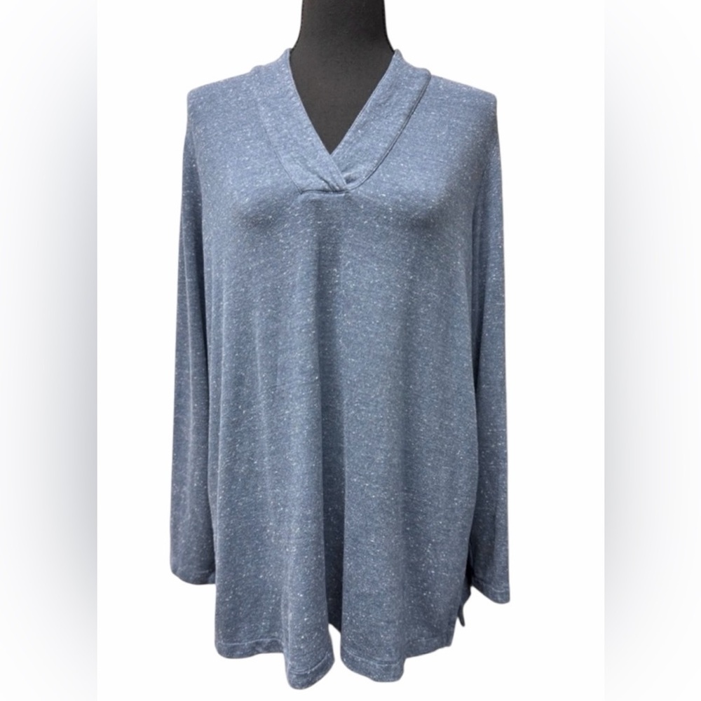 Pure Jill Tranquility Fleece Heather Blue Long Sleeve V-Neck Top Tunic Size M